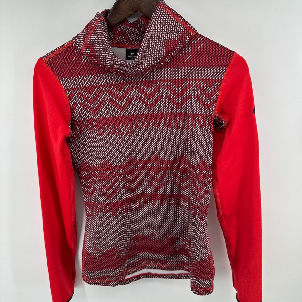 Nike Pro Dri-FIT‎ Womens Red Fair Isle Cowl Neck Long Sleeve Training Top Small